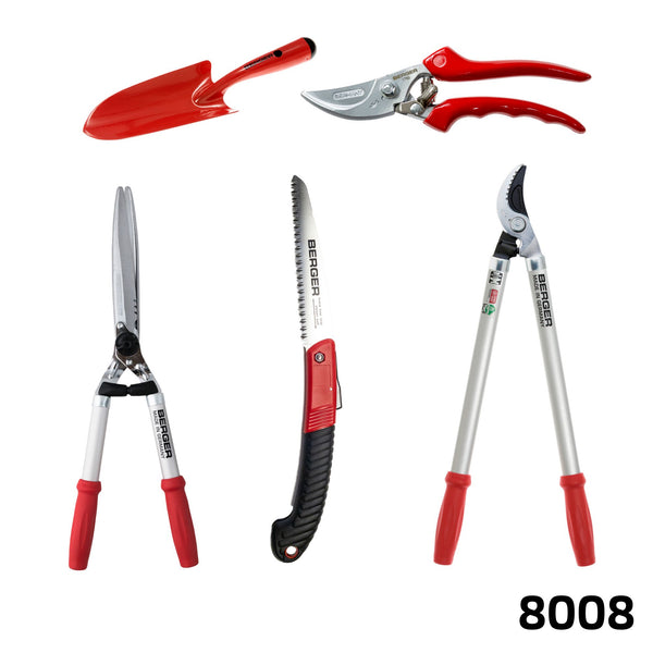 BERGER BEGINNER SET 8008 | CONSISTING OF HAND SHEARS 1760 | PRUNING SAW 4200 | FOLDING SAW 64650 | HEDGE TRIMMER 4495 | PLANTING TROWEL 5600