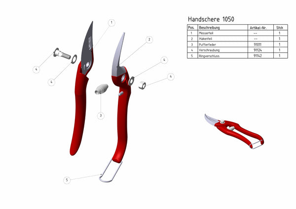 Technische Zeichnung mit Ersatzteilübersicht der Berger Handschere 1050