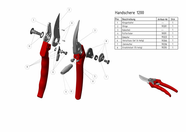 Technische Zeichnung mit Ersatzteilübersicht der Berger Handschere 1200