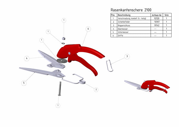 Technische Zeichnung mit Ersatzteilübersicht der Berger Rasenkantenschere 2100
