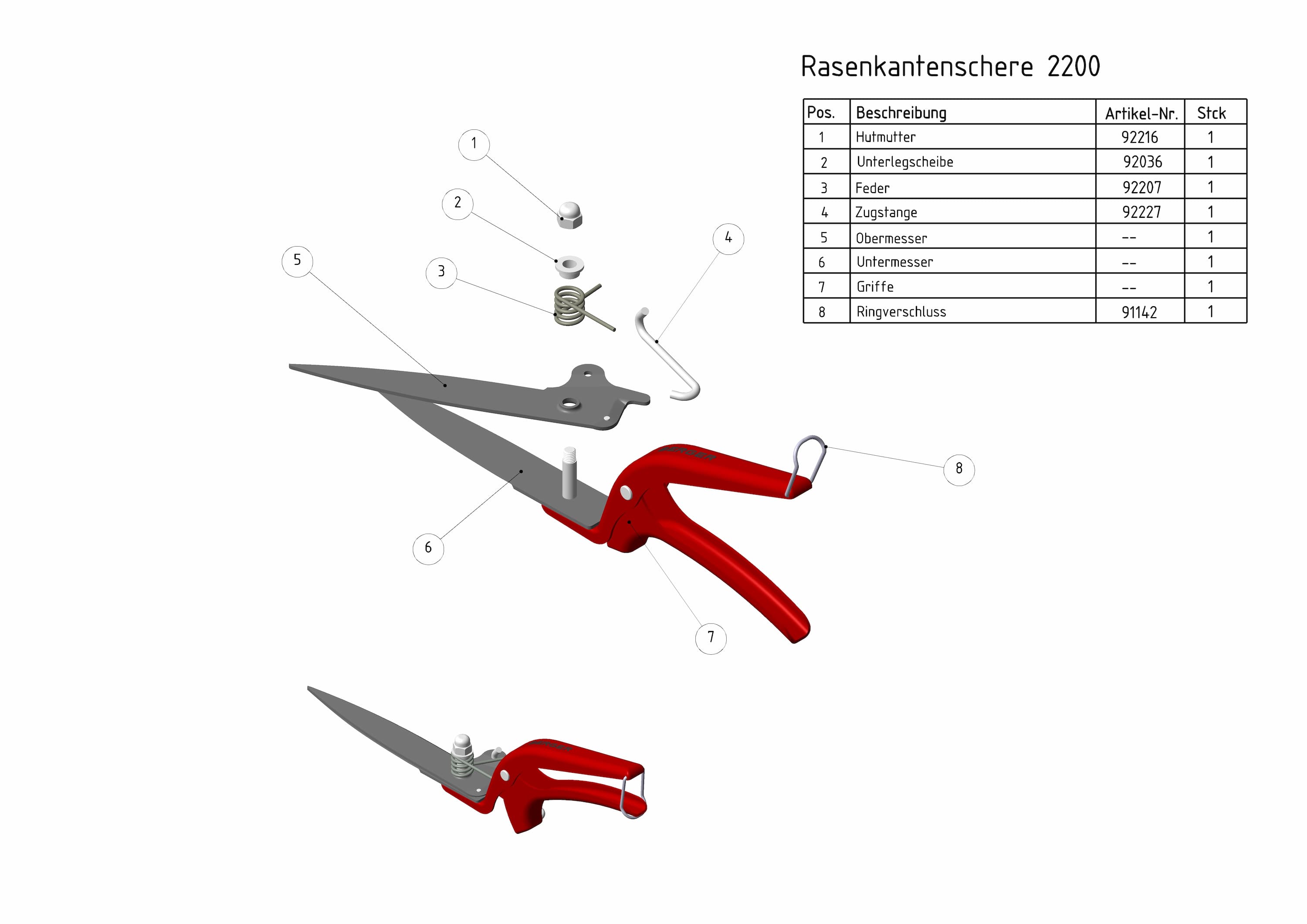 Technische Zeichnung mit Ersatzteilübersicht der Berger Rasenkantenschere 2200