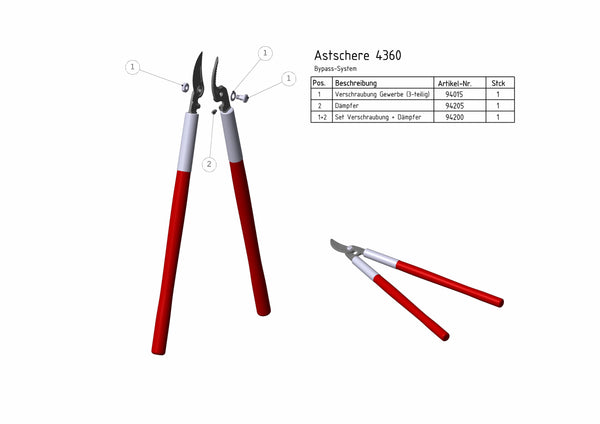 Technische Zeichnung mit Ersatzteilübersicht der Berger Astschere 4360