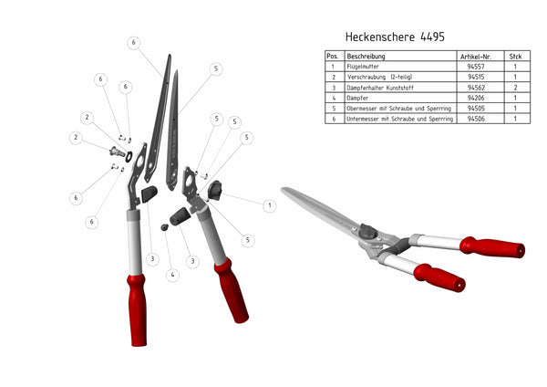 Technische Zeichnung mit Ersatzteilübersicht der Berger Heckenschere 4495